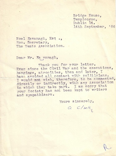 Letter to Yeats Association 1966